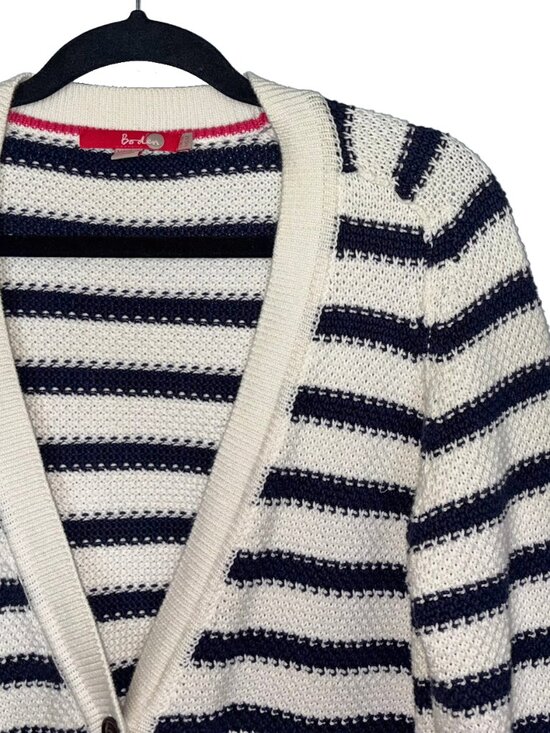 Boden 100% Cotton Blue & Ivory Striped Chunky V-Neck Cardigan - Size 12 - Picture 1 of 5